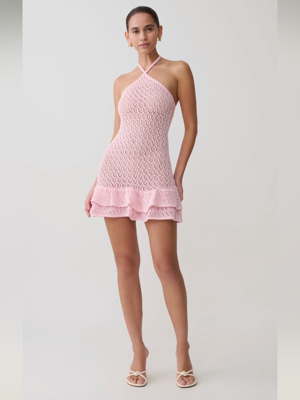 Meshki Crochet Halter Baby Pink Mini Dress